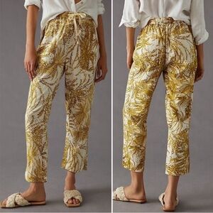 PILCRO Anthropologie Linen Surf The Cottage Preppy Green Floral Pant Medium